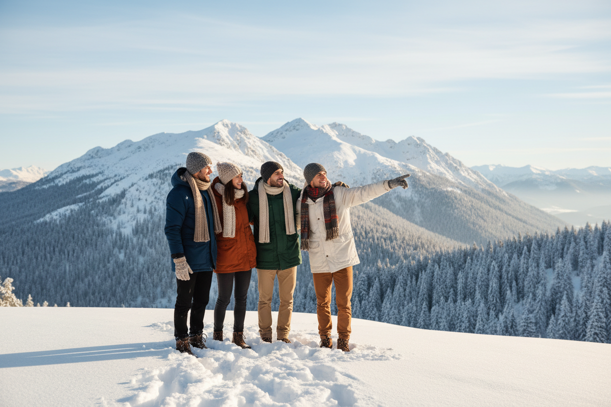 ludzie cieplo ubrani na zimowym tle w gorach